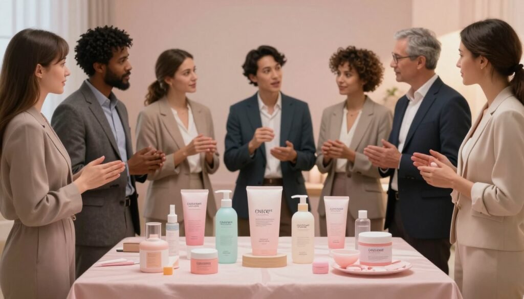 A visually engaging illustration depicting a guide to the correct usage of intimate products, designed for a professional and educational context. In the foreground, a neatly arranged display of various safe, stylish, and responsibly branded intimate products on a soft, elegant fabric. The middle ground features a diverse group of professionals, dressed in smart business attire, discussing and demonstrating the products with enthusiastic expressions, embodying a sense of trust and professionalism. The background has soft, romantic lighting, creating a warm and inviting atmosphere that enhances the cozy and intimate feel of the setting. The composition captures the essence of educational safety and guidance in an approachable, respectful manner, with a cinematic vibe in a 4:3 aspect ratio.