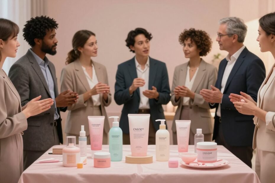 A visually engaging illustration depicting a guide to the correct usage of intimate products, designed for a professional and educational context. In the foreground, a neatly arranged display of various safe, stylish, and responsibly branded intimate products on a soft, elegant fabric. The middle ground features a diverse group of professionals, dressed in smart business attire, discussing and demonstrating the products with enthusiastic expressions, embodying a sense of trust and professionalism. The background has soft, romantic lighting, creating a warm and inviting atmosphere that enhances the cozy and intimate feel of the setting. The composition captures the essence of educational safety and guidance in an approachable, respectful manner, with a cinematic vibe in a 4:3 aspect ratio.