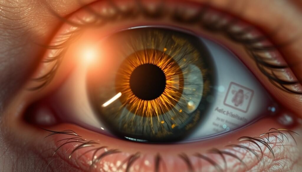 A close-up view of a human eye exhibiting symptoms of macular degeneration, highlighting yellowish lesions on the retina. The foreground focuses on the eye's intricate details, with a bright reflection capturing the light and enhancing the texture. In the middle ground, visual indicators of vision impairment, such as blurred spots and distortion, subtly intertwine with the eye's outline. The background features a soft blur of medical instruments and diagrams related to eye health, suggesting a clinical environment. Soft, natural lighting illuminates the scene, creating a calm yet serious mood, emphasizing the importance of regular eye examinations. Use a macro lens perspective for an intimate and detailed portrayal.