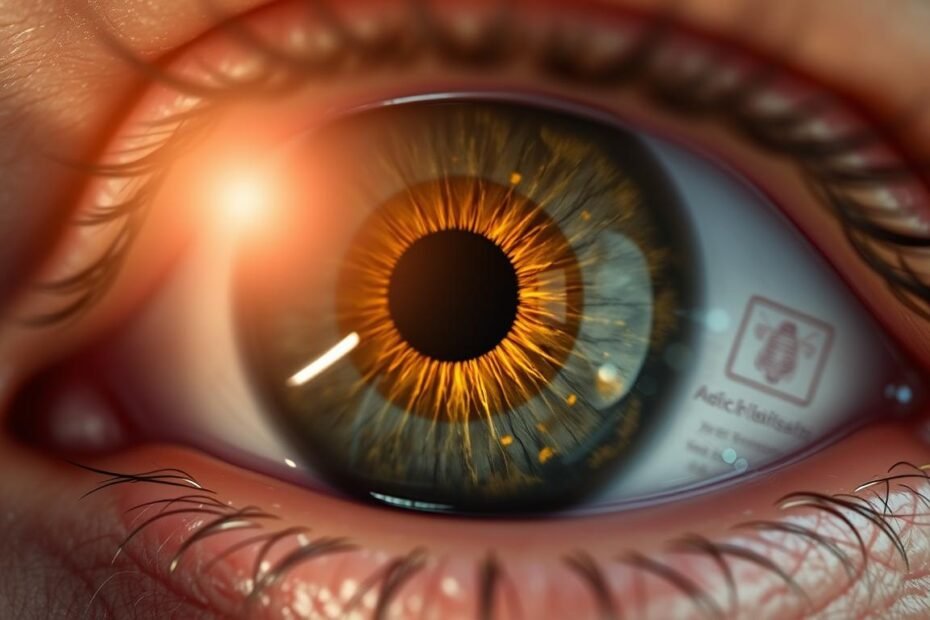 A close-up view of a human eye exhibiting symptoms of macular degeneration, highlighting yellowish lesions on the retina. The foreground focuses on the eye's intricate details, with a bright reflection capturing the light and enhancing the texture. In the middle ground, visual indicators of vision impairment, such as blurred spots and distortion, subtly intertwine with the eye's outline. The background features a soft blur of medical instruments and diagrams related to eye health, suggesting a clinical environment. Soft, natural lighting illuminates the scene, creating a calm yet serious mood, emphasizing the importance of regular eye examinations. Use a macro lens perspective for an intimate and detailed portrayal.
