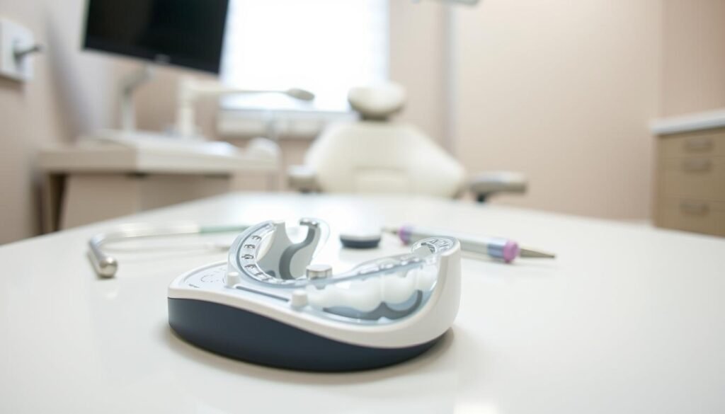 A detailed close-up of a dental sleep device, specifically designed for treating snoring, placed on a clean, modern dental clinic table. The foreground features the mouthguard in sharp focus, showcasing its intricate design with adjustable components. The middle of the image includes a few dental tools, like a mirror and probe, blurred but visible, hinting at a professional dental environment. In the background, soft, diffused lighting highlights a calming atmosphere with a sleek dental chair and neutral-colored walls. The scene conveys a sense of comfort and professionalism, emphasizing the device's role in improving quality of sleep and health.