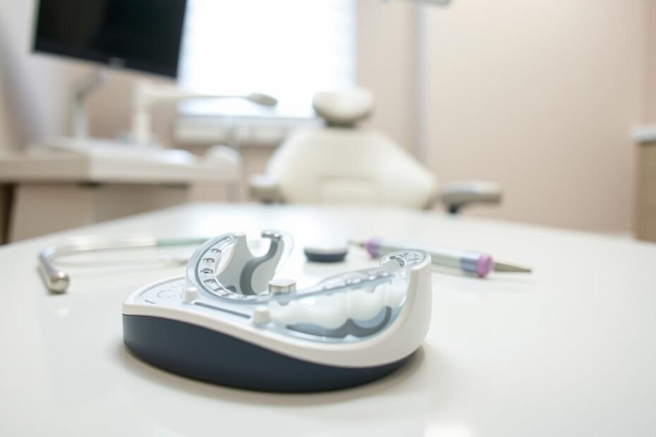 A detailed close-up of a dental sleep device, specifically designed for treating snoring, placed on a clean, modern dental clinic table. The foreground features the mouthguard in sharp focus, showcasing its intricate design with adjustable components. The middle of the image includes a few dental tools, like a mirror and probe, blurred but visible, hinting at a professional dental environment. In the background, soft, diffused lighting highlights a calming atmosphere with a sleek dental chair and neutral-colored walls. The scene conveys a sense of comfort and professionalism, emphasizing the device's role in improving quality of sleep and health.