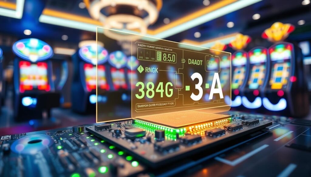 A high-tech visualization of a "3A" random number generator (RNG) system, showcasing its intricate circuitry and dynamic digital interface. In the foreground, a glowing RNG chip is mounted on a sleek, futuristic circuit board with vibrant green and blue LED lights highlighting its components. The middle layer features a transparent holographic display, illustrating data flow with impressive graphical representations of randomness and algorithms. In the background, a blurred view of a sophisticated gaming environment, with electronic slot machines softly illuminated. The lighting creates a modern, high-tech vibe, emphasizing precision and fairness. Use a wide-angle lens effect to capture the depth and complexity of the RNG technology, resulting in a captivating, informative image that exudes a sense of reliability and innovation.