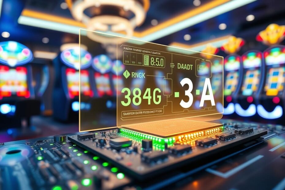 A high-tech visualization of a "3A" random number generator (RNG) system, showcasing its intricate circuitry and dynamic digital interface. In the foreground, a glowing RNG chip is mounted on a sleek, futuristic circuit board with vibrant green and blue LED lights highlighting its components. The middle layer features a transparent holographic display, illustrating data flow with impressive graphical representations of randomness and algorithms. In the background, a blurred view of a sophisticated gaming environment, with electronic slot machines softly illuminated. The lighting creates a modern, high-tech vibe, emphasizing precision and fairness. Use a wide-angle lens effect to capture the depth and complexity of the RNG technology, resulting in a captivating, informative image that exudes a sense of reliability and innovation.