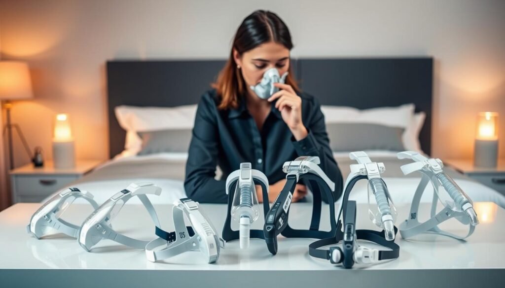 A well-organized sleep apnea mask selection guide, featuring a variety of CPAP masks in different styles, including nasal pillows, full face masks, and hybrid models, showcased on a sleek, modern table. In the foreground, a professional wearing modest casual clothing thoughtfully examines the masks, with a focus on their comfortable fit and pressure-relieving features. The background displays a softly lit bedroom setting, creating a calming atmosphere that encourages restful sleep. Warm, diffused lighting enhances the scene, while a shallow depth of field keeps attention on the subject and the masks. The overall mood is professional yet inviting, illustrating the importance of choosing the right sleeping aid post-surgery.