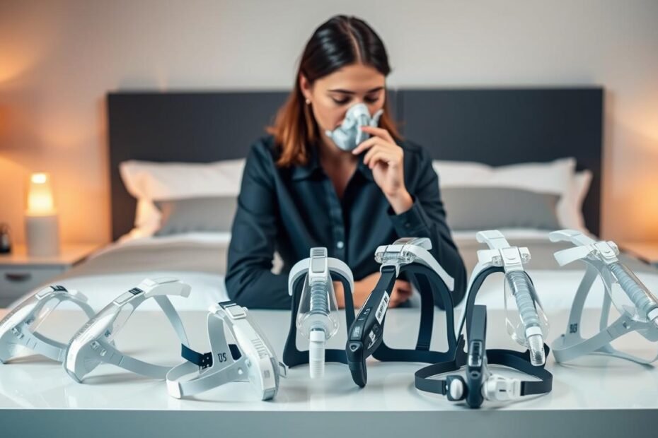 A well-organized sleep apnea mask selection guide, featuring a variety of CPAP masks in different styles, including nasal pillows, full face masks, and hybrid models, showcased on a sleek, modern table. In the foreground, a professional wearing modest casual clothing thoughtfully examines the masks, with a focus on their comfortable fit and pressure-relieving features. The background displays a softly lit bedroom setting, creating a calming atmosphere that encourages restful sleep. Warm, diffused lighting enhances the scene, while a shallow depth of field keeps attention on the subject and the masks. The overall mood is professional yet inviting, illustrating the importance of choosing the right sleeping aid post-surgery.