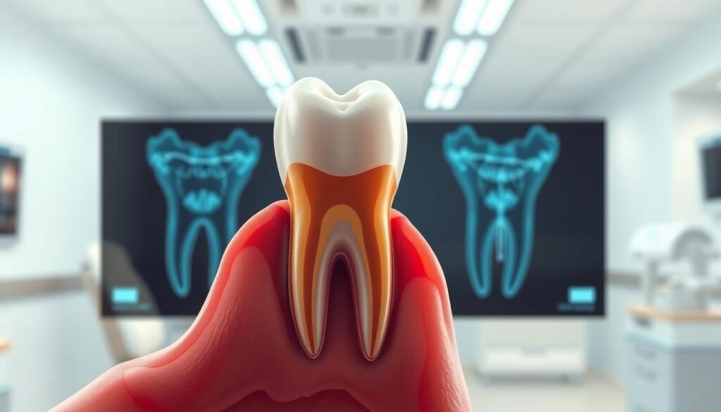 An anatomical illustration of an impacted wisdom tooth surrounded by dental cyst shadows, with a detailed view of the tooth's abnormal development. In the foreground, emphasize the impacted tooth with clear structures, showcasing its abnormal growth pattern and surrounding tissue. The middle ground should feature dental X-ray imagery, capturing faint shadows indicating the presence of cysts. In the background, include a blurred dental clinic environment with light provided by overhead LED panels, creating a sterile atmosphere. Use a bright, clinical color palette with soft lighting to evoke a sense of professionalism and concern for oral health. The overall mood should be informative and serious, aimed at educating viewers about the implications of poorly developed wisdom teeth on dental health.