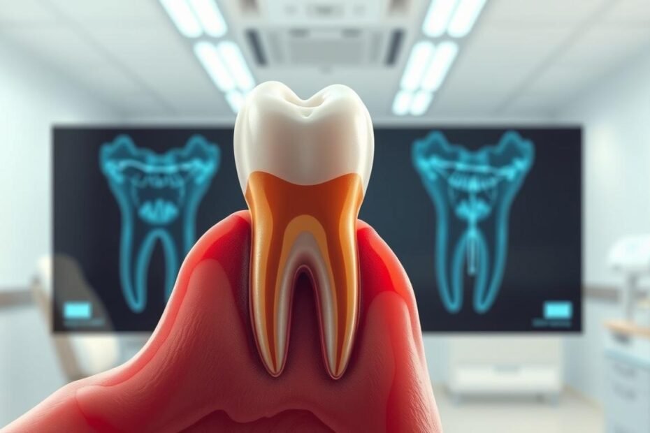 An anatomical illustration of an impacted wisdom tooth surrounded by dental cyst shadows, with a detailed view of the tooth's abnormal development. In the foreground, emphasize the impacted tooth with clear structures, showcasing its abnormal growth pattern and surrounding tissue. The middle ground should feature dental X-ray imagery, capturing faint shadows indicating the presence of cysts. In the background, include a blurred dental clinic environment with light provided by overhead LED panels, creating a sterile atmosphere. Use a bright, clinical color palette with soft lighting to evoke a sense of professionalism and concern for oral health. The overall mood should be informative and serious, aimed at educating viewers about the implications of poorly developed wisdom teeth on dental health.