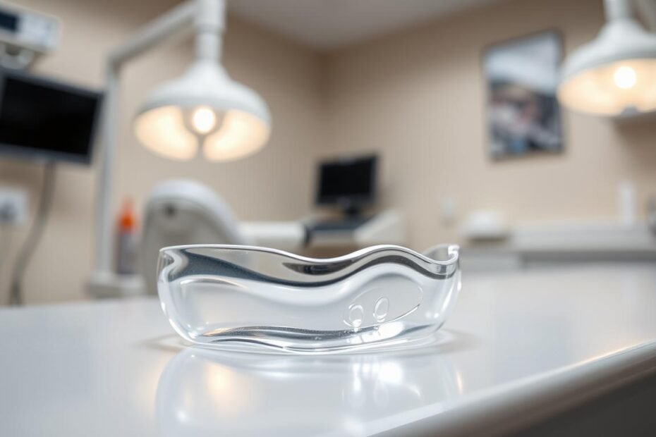 A close-up image of a clear Invisalign aligner resting on a smooth, well-lit dental surface. The aligner should be transparent, showcasing its form while reflecting soft light to highlight its smooth edges. In the background, a blurred dental clinic environment with a modern aesthetic, such as dental tools neatly arranged and a bright, welcoming atmosphere. The lighting should be bright and evenly distributed, emphasizing the clarity and design of the aligner, while shadows add depth. The overall mood should be calm and professional, symbolizing dental care and the precision of orthodontic treatment, without any people present.