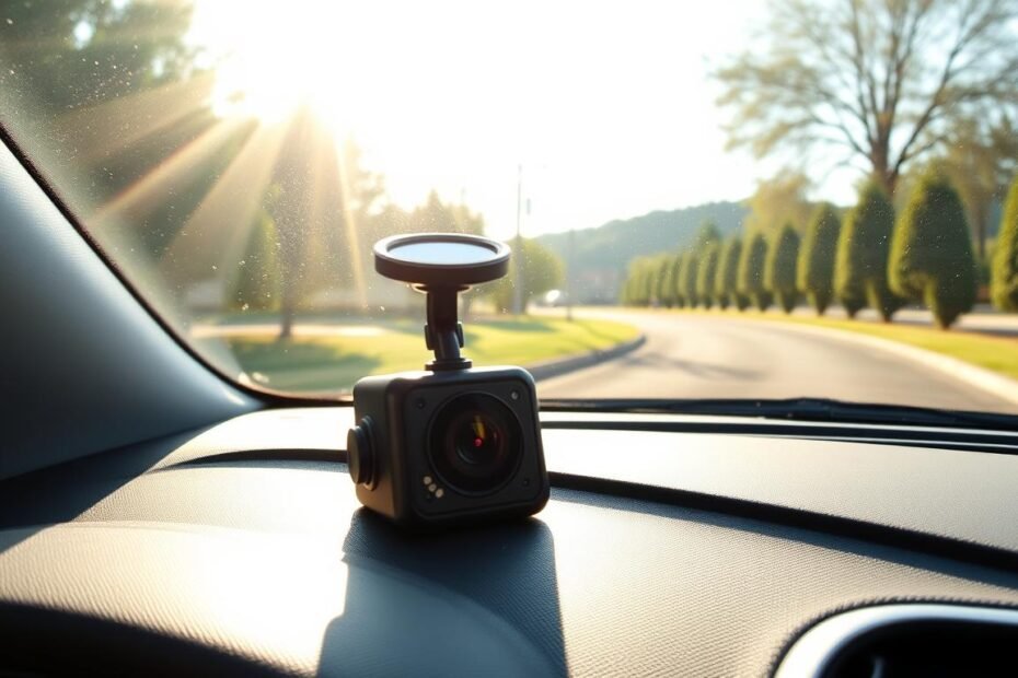 A close-up view of a car dashboard featuring a well-maintained dashcam, positioned prominently in the foreground. The lens of the dashcam is sparkling clean, reflecting the ambient light from the car's interior. In the middle ground, soft sunlight streams through a clean windshield, casting gentle highlights and shadows. The background includes a scenic view of a driveway, lined with trees, suggesting an environment of care and maintenance. The mood is professional and focused, emphasizing the importance of protecting the dashcam from chemical splashes during vehicle beautification. The lighting is warm and inviting, enhancing the clarity and detail of the dashcam while maintaining a sense of sophistication and order.