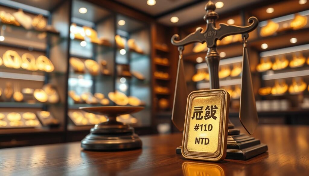 A close-up view of a traditional gold scale, elegantly displayed on a wooden table in a well-lit Taiwanese jewelry shop. The background reveals shelves filled with various gold jewelry pieces glowing softly under warm lighting. In the foreground, the focus is on a beautifully polished gold ingot marked with "一兩" and its corresponding price in New Taiwan Dollars (NTD) inscribed delicately. The atmosphere conveys a sense of professionalism and trust, reflecting the meticulous nature of gold transactions. Soft shadows add depth, while a hint of natural light from a window creates a serene and inviting ambiance, ideal for illustrating the nuances of gold pricing calculation in Taiwan's jewelry market.
