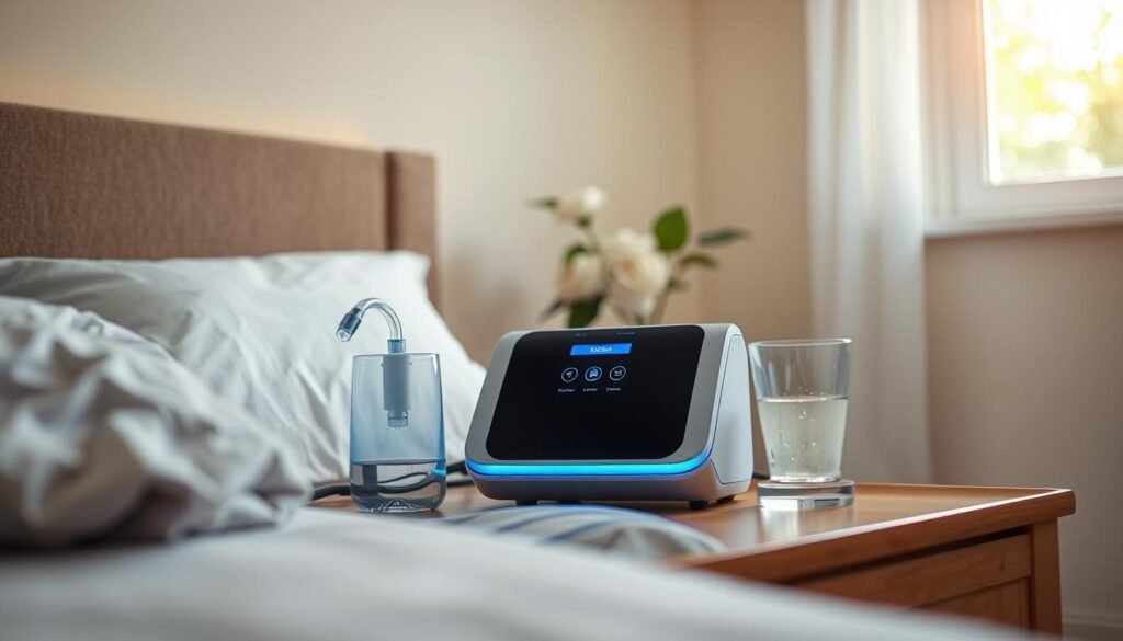 A cozy bedroom environment featuring a sleep apnea machine on a bedside table. The machine is sleek and modern, displaying a soft blue light indicating operation. Surrounding the machine, elements like a small humidifier and a glass of water create a sense of moisture control. The walls are painted in soothing pastel colors, contributing to a tranquil atmosphere. In the background, a window allows gentle morning light to filter in, hinting at outdoor greenery. The optical perspective is from a slight angle above, focusing on the machine and its accessories, with a soft, warm glow illuminating the scene. Overall, the mood is calm and inviting, emphasizing the importance of humidity control in the use of sleep machines.
