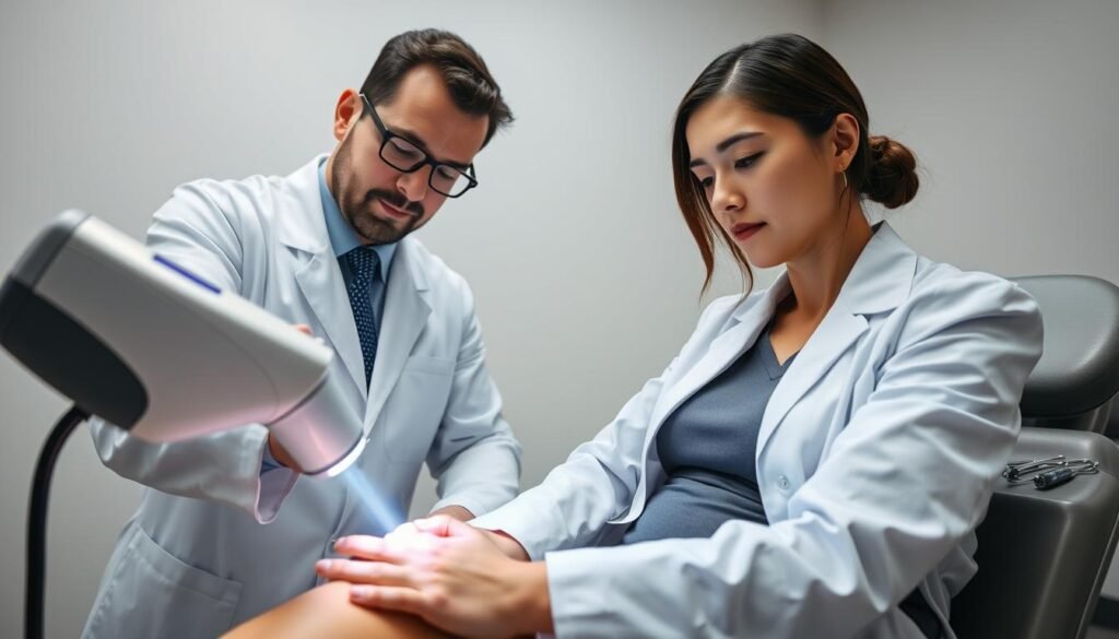 A medical professional in a white coat skillfully performing laser therapy on a patient's foot to remove a plantar wart. The foreground focuses on the high-resolution laser device emitting a bright, focused beam, with a close-up on the area being treated. The professional's attentive expression and meticulous technique convey expertise and care. In the middle ground, the patient sits comfortably on an examination table, wearing modest clothing, showing slight anticipation. The background features a well-lit clinical environment, with medical instruments arranged neatly on a nearby tray. The atmosphere is calm and reassuring, illuminated with soft, clinical lighting to emphasize the sterile setting and the precision of the CO2 laser treatment.