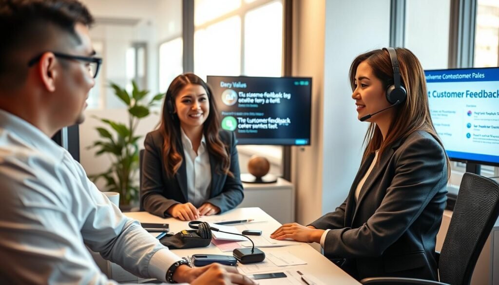 A modern office setting showcasing a customer service team at 3A Entertainment, emphasizing professionalism and a proactive approach to handling customer complaints. In the foreground, two well-dressed customer service agents, one male and one female, are engaged in a friendly discussion, demonstrating attentive listening and empathetic responses. Their expressions convey professionalism and determination. In the middle, a computer desk cluttered with customer feedback forms and a headset, emphasizing the busy yet organized environment. In the background, a wall-mounted screen shows positive customer feedback and company values, enhancing the atmosphere of dedication and transparency. Soft, natural lighting filters through a window, casting a warm glow, creating an inviting and supportive workspace. The overall mood is focused, constructive, and trustworthy.