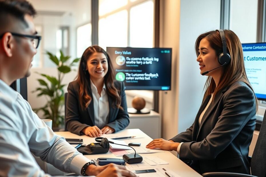 A modern office setting showcasing a customer service team at 3A Entertainment, emphasizing professionalism and a proactive approach to handling customer complaints. In the foreground, two well-dressed customer service agents, one male and one female, are engaged in a friendly discussion, demonstrating attentive listening and empathetic responses. Their expressions convey professionalism and determination. In the middle, a computer desk cluttered with customer feedback forms and a headset, emphasizing the busy yet organized environment. In the background, a wall-mounted screen shows positive customer feedback and company values, enhancing the atmosphere of dedication and transparency. Soft, natural lighting filters through a window, casting a warm glow, creating an inviting and supportive workspace. The overall mood is focused, constructive, and trustworthy.
