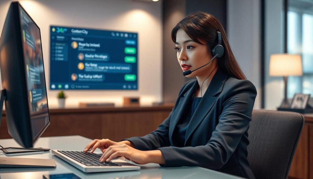 A professional customer service representative from 3A Entertainment City seated at a modern desk, engaging with a digital interface on a sleek computer. The representative, a young Asian woman, is dressed in smart business attire—an elegant blazer and blouse. Her expression is focused and attentive as she reviews messages and group invites on the screen. In the background, a well-organized office space features soft lighting, with warm, inviting colors that create a calm atmosphere. The foreground showcases a clear view of her hands typing, emphasizing her active engagement in customer support. The image conveys a sense of reliability and professionalism, representing the importance of verifying dubious offers and protecting users from scams.