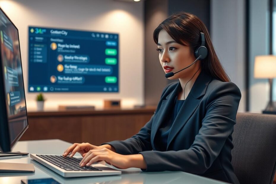 A professional customer service representative from 3A Entertainment City seated at a modern desk, engaging with a digital interface on a sleek computer. The representative, a young Asian woman, is dressed in smart business attire—an elegant blazer and blouse. Her expression is focused and attentive as she reviews messages and group invites on the screen. In the background, a well-organized office space features soft lighting, with warm, inviting colors that create a calm atmosphere. The foreground showcases a clear view of her hands typing, emphasizing her active engagement in customer support. The image conveys a sense of reliability and professionalism, representing the importance of verifying dubious offers and protecting users from scams.