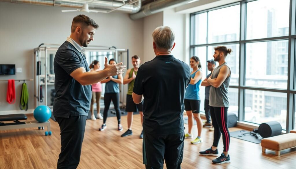 A professional rehabilitation clinic in Hong Kong focused on musculoskeletal recovery. In the foreground, a physical therapist in smart casual attire is demonstrating a rehabilitation exercise to a diverse group of athletes, emphasizing proper form and technique. The middle layer features exercise equipment and therapy tools, such as resistance bands and foam rollers, arranged neatly for functionality. The background shows large windows with natural light streaming in, giving a bright and welcoming atmosphere. The overall mood is supportive and focused, ideal for an environment dedicated to athlete recovery and rehabilitation. The scene is captured with a shallow depth of field using a 50mm lens to highlight the interaction between the therapist and athletes, emphasizing the importance of structured rehabilitation protocols.
