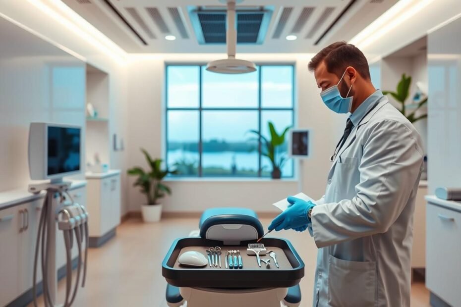 A sophisticated dental clinic interior featuring a modern dental chair and equipment in meticulously arranged individual treatment rooms. In the foreground, a dentist in professional attire is inspecting air quality monitoring devices, showcasing advanced filtration systems and air purifiers designed for optimal health and hygiene. The middle section displays soft, ambient lighting that creates a calming atmosphere, with organized dental tools on a tray and a window revealing a serene outdoor view. The background suggests an overall modern aesthetic with clean lines, neutral colors, and lush indoor plants contributing to a comfortable ambiance. The mood is clean, professional, and focused on health and environmental quality. The angle captures the depth of the clinic, emphasizing the importance of air quality in enhancing patient comfort.