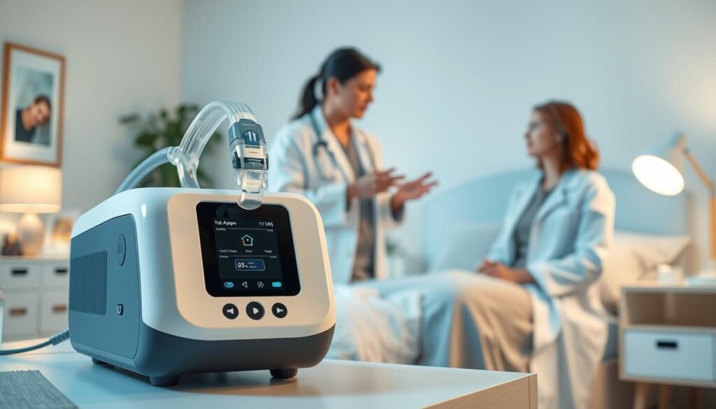 A well-lit, clinical setting showcasing a modern sleep apnea machine prominently positioned in the foreground. The device features a sleek, user-friendly interface with a soft digital display and attached nasal mask. In the middle, illustrate a medical professional, dressed in a white lab coat, demonstrating the machine to a patient, who is wearing modest casual clothing, looking attentive and curious. In the background, include a softly blurred view of a comfortable bedroom setup with a neatly made bed and calming decor, suggesting a peaceful sleep environment. The overall mood should convey comfort, professionalism, and hope, with soft, natural lighting enhancing the scene to create a reassuring atmosphere. Use a close-up perspective for the foreground details and a wider angle for the background, focusing on clarity and realism.