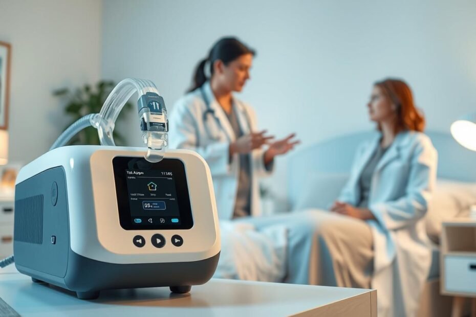 A well-lit, clinical setting showcasing a modern sleep apnea machine prominently positioned in the foreground. The device features a sleek, user-friendly interface with a soft digital display and attached nasal mask. In the middle, illustrate a medical professional, dressed in a white lab coat, demonstrating the machine to a patient, who is wearing modest casual clothing, looking attentive and curious. In the background, include a softly blurred view of a comfortable bedroom setup with a neatly made bed and calming decor, suggesting a peaceful sleep environment. The overall mood should convey comfort, professionalism, and hope, with soft, natural lighting enhancing the scene to create a reassuring atmosphere. Use a close-up perspective for the foreground details and a wider angle for the background, focusing on clarity and realism.