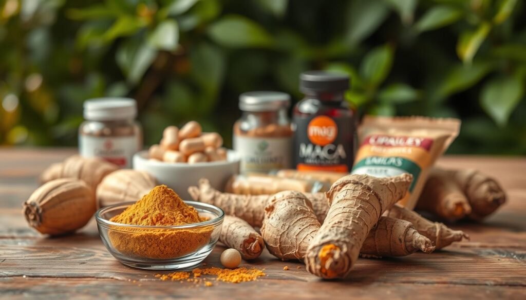 A close-up arrangement of maca roots and powder on a wooden table, emphasizing their rich, earthy colors and textures. In the foreground, a small bowl filled with golden maca powder sits next to fresh, unpeeled maca roots, their unique shapes and colors showcasing their natural beauty. In the middle ground, a beautifully arranged selection of maca products, like capsules and energy bars, is displayed, highlighting their versatility. In the background, soft-focus green foliage suggests a natural environment, bringing an organic feel to the scene. Warm, natural lighting enhances the earthy tones, creating a calming and inviting atmosphere. The overall mood is informative yet approachable, perfectly encapsulating the essence of maca's benefits without distractions.