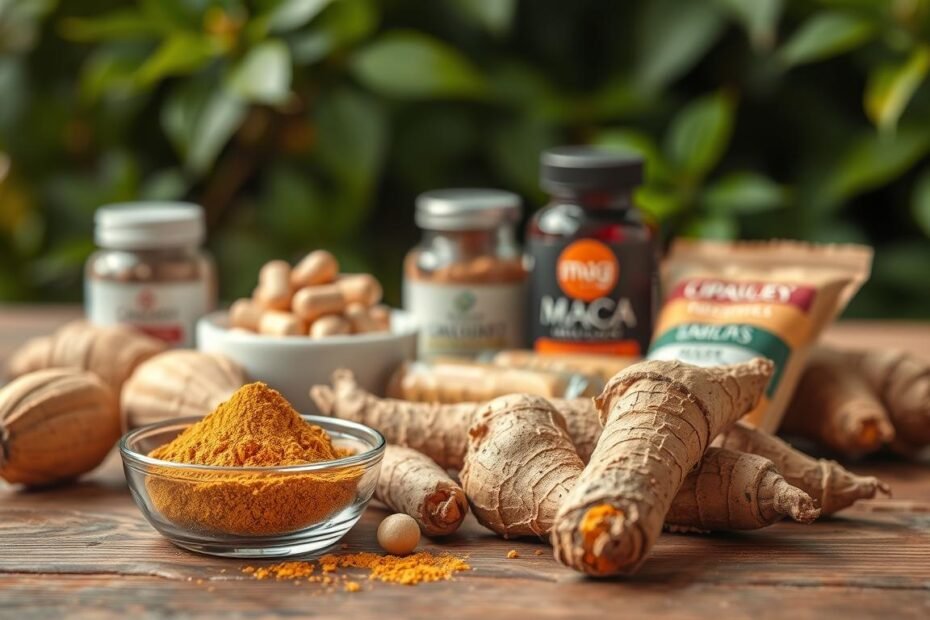 A close-up arrangement of maca roots and powder on a wooden table, emphasizing their rich, earthy colors and textures. In the foreground, a small bowl filled with golden maca powder sits next to fresh, unpeeled maca roots, their unique shapes and colors showcasing their natural beauty. In the middle ground, a beautifully arranged selection of maca products, like capsules and energy bars, is displayed, highlighting their versatility. In the background, soft-focus green foliage suggests a natural environment, bringing an organic feel to the scene. Warm, natural lighting enhances the earthy tones, creating a calming and inviting atmosphere. The overall mood is informative yet approachable, perfectly encapsulating the essence of maca's benefits without distractions.