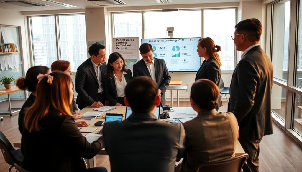 A professional setting depicting the significance of the QASRS course in Hong Kong. In the foreground, a diverse group of individuals dressed in business attire, such as suits and blouses, are engaged in a collaborative discussion around a table filled with documents and a laptop displaying graphs. The middle ground shows a bright, modern classroom environment with educational materials, charts, and a digital screen illustrating key points about QASRS courses. In the background, large windows let in natural light, creating an open and inviting atmosphere. The mood is focused and motivated, emphasizing teamwork and the importance of education in future career success, captured with warm lighting to enhance the inviting environment, shot with a slight angle to draw viewers into the scene.