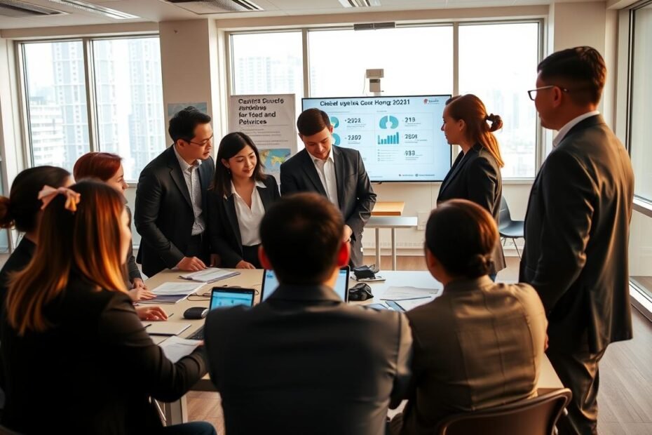 A professional setting depicting the significance of the QASRS course in Hong Kong. In the foreground, a diverse group of individuals dressed in business attire, such as suits and blouses, are engaged in a collaborative discussion around a table filled with documents and a laptop displaying graphs. The middle ground shows a bright, modern classroom environment with educational materials, charts, and a digital screen illustrating key points about QASRS courses. In the background, large windows let in natural light, creating an open and inviting atmosphere. The mood is focused and motivated, emphasizing teamwork and the importance of education in future career success, captured with warm lighting to enhance the inviting environment, shot with a slight angle to draw viewers into the scene.