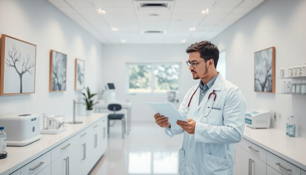 A serene and clean interior of a wart treatment center, showcasing high hygiene standards. In the foreground, a professional-looking medical practitioner in a crisp white lab coat examines a scientific chart, demonstrating expertise and competence. The middle ground features modern medical equipment, such as sterilization tools and antiseptic displays, organized neatly on pristine countertops. The background reveals light-colored walls with calming artwork and a window allowing natural light to flood in, creating an inviting atmosphere. Soft, diffused lighting enhances the sense of cleanliness and professionalism, while a wide-angle view showcases the spaciousness and orderliness of the treatment center. The mood is reassuring and trustworthy, ideal for potential patients evaluating the center's hygiene and qualifications.