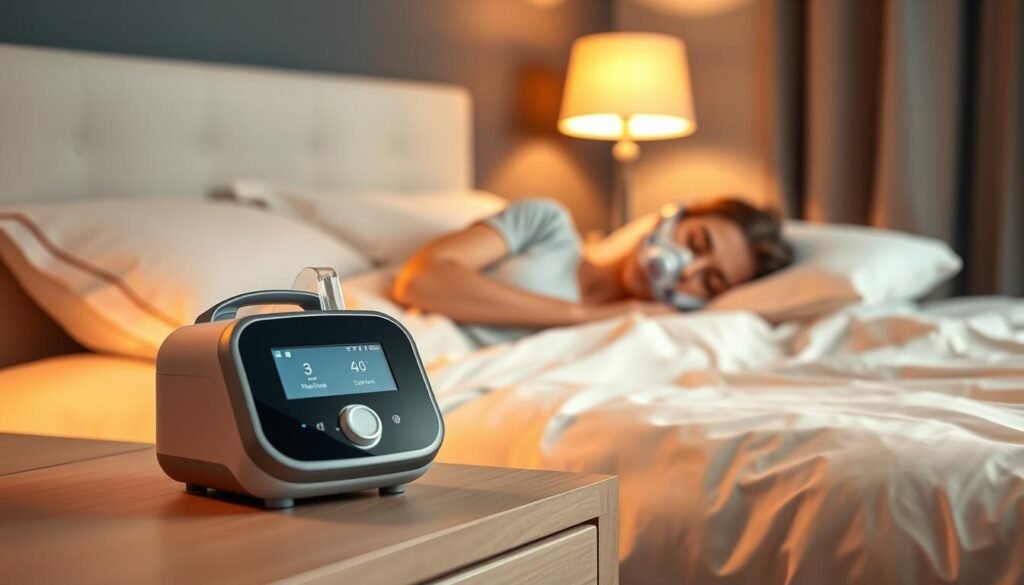 A serene bedroom scene featuring a modern sleep apnea machine placed on a bedside table. In the foreground, the machine is detailed with a sleek design, showing the control panel and a soft, glowing display. In the middle, a comfortable bed with soft, inviting bedding and a plush pillow, where a person in modest sleepwear is peacefully resting, wearing a lightweight mask connected to the device. The background softly fades into warm, dim lighting from a bedside lamp, enhancing a calm and tranquil atmosphere. Use a shallow depth of field to keep the focus on the machine and the person, illustrating the importance of the device in promoting restful sleep. Aim for a cozy, reassuring mood.