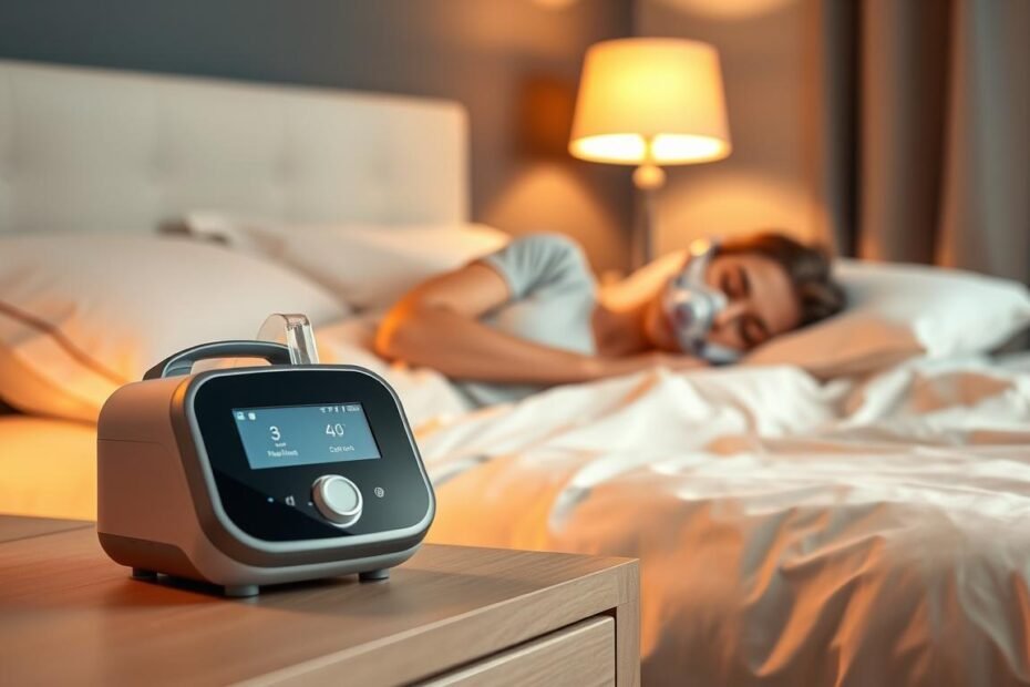 A serene bedroom scene featuring a modern sleep apnea machine placed on a bedside table. In the foreground, the machine is detailed with a sleek design, showing the control panel and a soft, glowing display. In the middle, a comfortable bed with soft, inviting bedding and a plush pillow, where a person in modest sleepwear is peacefully resting, wearing a lightweight mask connected to the device. The background softly fades into warm, dim lighting from a bedside lamp, enhancing a calm and tranquil atmosphere. Use a shallow depth of field to keep the focus on the machine and the person, illustrating the importance of the device in promoting restful sleep. Aim for a cozy, reassuring mood.