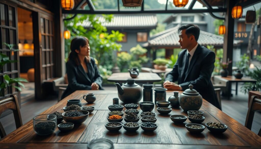 A serene tea trading scene set in Taichung, emphasizing safety and privacy. In the foreground, a wooden tea table adorned with various types of tea leaves and elegant teaware, showcasing the essence of traditional tea culture. Surrounding the table, two individuals dressed in professional business attire engage in a cordial conversation, embodying trust and respect. The middle ground features soft, warm lighting that illuminates the scene, creating a cozy ambiance reminiscent of a quaint tea house. In the background, glimpses of lush greenery and traditional Taiwanese architecture, evoking a sense of place and tranquility. The overall mood is inviting and intimate, capturing the importance of safety and compliance in tea trading. Shot at a slight angle to create depth, maintaining a 4:3 aspect ratio for a cinematic feel.