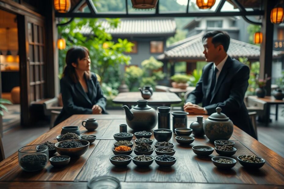 A serene tea trading scene set in Taichung, emphasizing safety and privacy. In the foreground, a wooden tea table adorned with various types of tea leaves and elegant teaware, showcasing the essence of traditional tea culture. Surrounding the table, two individuals dressed in professional business attire engage in a cordial conversation, embodying trust and respect. The middle ground features soft, warm lighting that illuminates the scene, creating a cozy ambiance reminiscent of a quaint tea house. In the background, glimpses of lush greenery and traditional Taiwanese architecture, evoking a sense of place and tranquility. The overall mood is inviting and intimate, capturing the importance of safety and compliance in tea trading. Shot at a slight angle to create depth, maintaining a 4:3 aspect ratio for a cinematic feel.