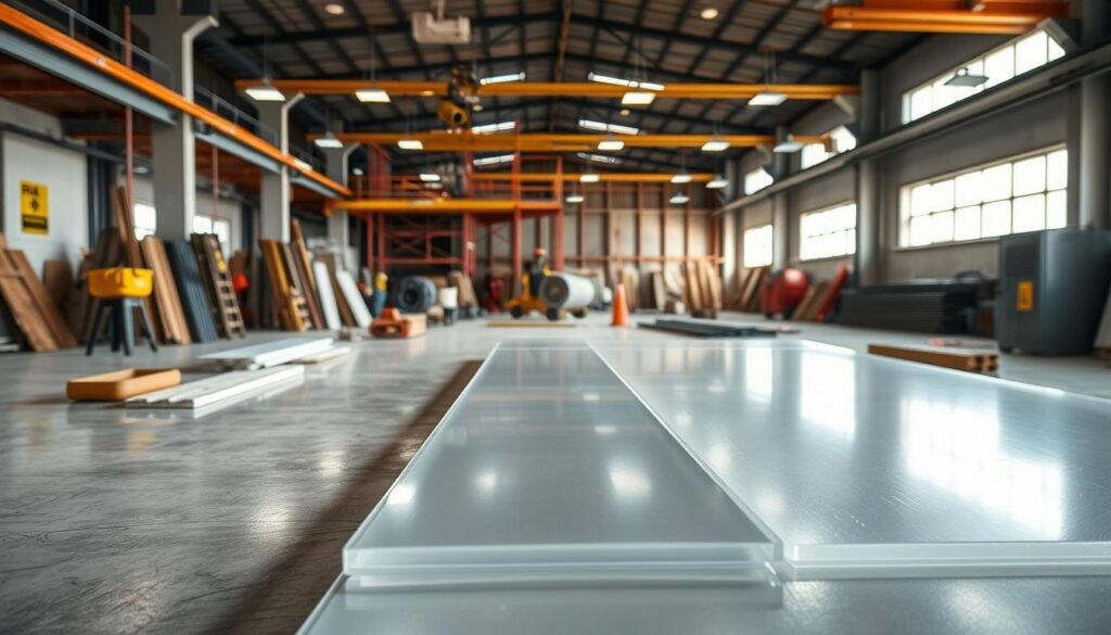 A well-lit industrial environment showcasing flat polycarbonate sheets compliant with fire safety standards, positioned prominently in the foreground. The sheets should have a glossy surface reflecting the light, emphasizing their durability and safety features. In the middle ground, include a variety of building materials and tools used in commercial construction, while subtly indicating their relationship to fire safety. The background should feature a partially constructed commercial building, with visible safety signage and equipment. Use a wide-angle lens to capture the depth of the scene, and ensure the atmosphere feels professional and informative, with bright, natural lighting to convey trust and reliability in fire safety compliance.