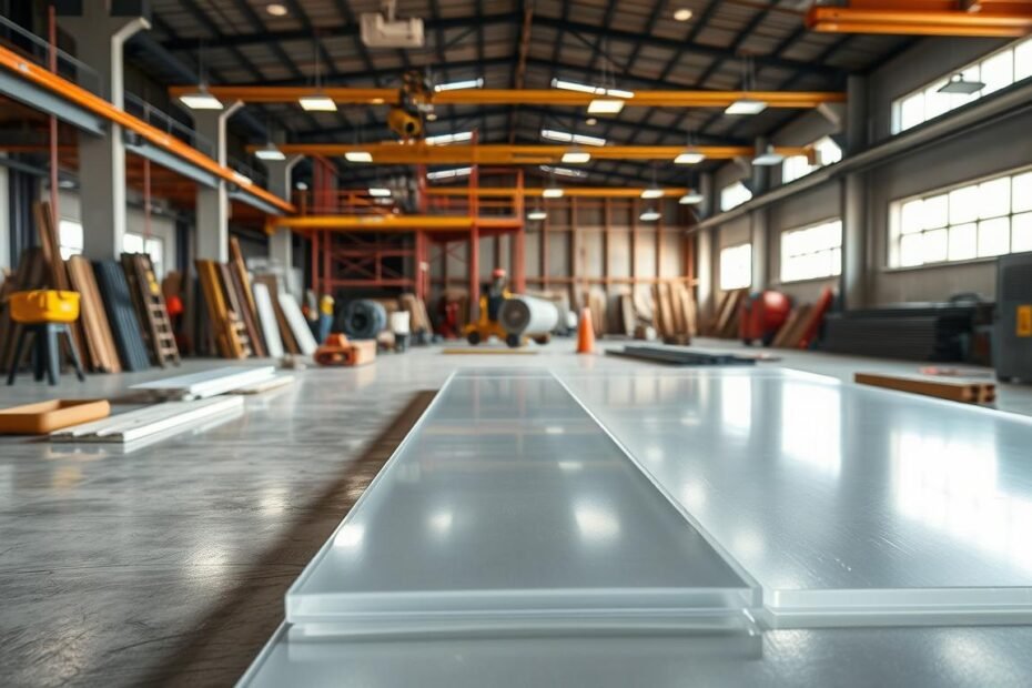 A well-lit industrial environment showcasing flat polycarbonate sheets compliant with fire safety standards, positioned prominently in the foreground. The sheets should have a glossy surface reflecting the light, emphasizing their durability and safety features. In the middle ground, include a variety of building materials and tools used in commercial construction, while subtly indicating their relationship to fire safety. The background should feature a partially constructed commercial building, with visible safety signage and equipment. Use a wide-angle lens to capture the depth of the scene, and ensure the atmosphere feels professional and informative, with bright, natural lighting to convey trust and reliability in fire safety compliance.