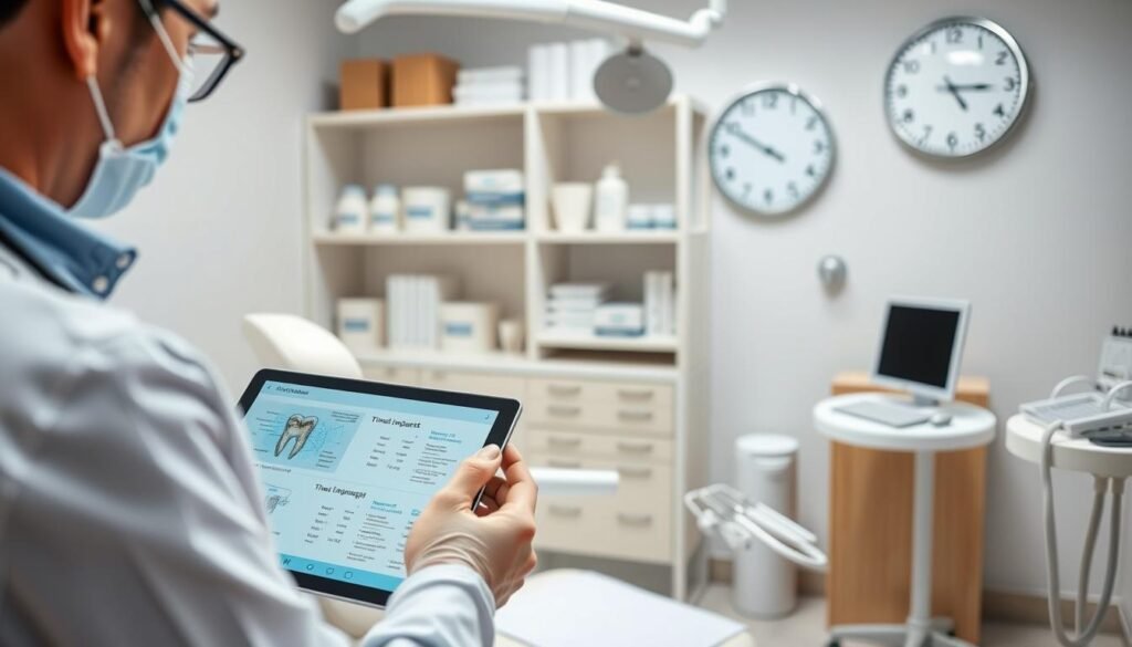 A well-organized dental clinic scene focusing on dental implants and time management. In the foreground, a dentist in professional attire is shown analyzing a digital tablet displaying surgical plans and timelines. The middle section features a dental chair with tools neatly arranged, symbolizing efficiency. In the background, there are shelves with dental implant materials and a clock emphasizing precise time management. Use soft, natural lighting that creates a warm and professional atmosphere, with a focal length of 35mm to capture both the details of the dental tools and the overall environment. The mood is calm yet focused, highlighting an efficient and modern dental practice dedicated to patient care and timely procedures.
