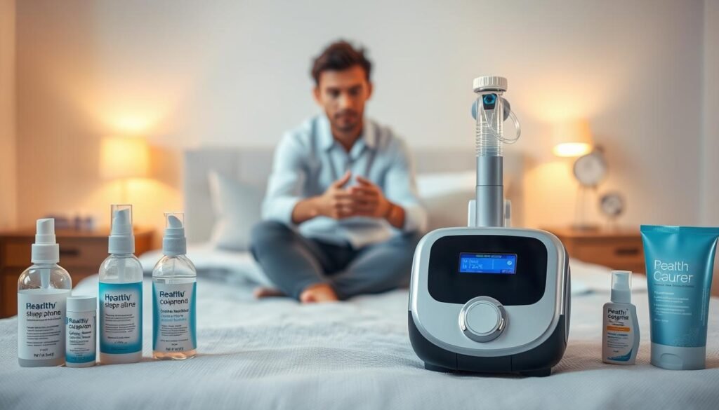A close-up view of a modern sleep apnea machine, prominently displayed in the foreground, with a soothing, softly lit atmosphere. To the sides, include well-organized nasal care products, such as saline sprays and moisturizing gels, indicating a comprehensive approach to managing nasal congestion. In the middle ground, depict a serene bedroom setting, softly illuminated by warm light, featuring calming colors and a neatly made bed to create a relaxing ambiance. In the background, a subtle nightstand with a clock shows an appropriate bedtime hour. The focus is on a professional-looking individual in casual, modest clothing, gently demonstrating how to use the nasal care products with the sleep apnea machine. The image should evoke feelings of comfort, health, and well-being, highlighting the connection between effective equipment use and nasal care.