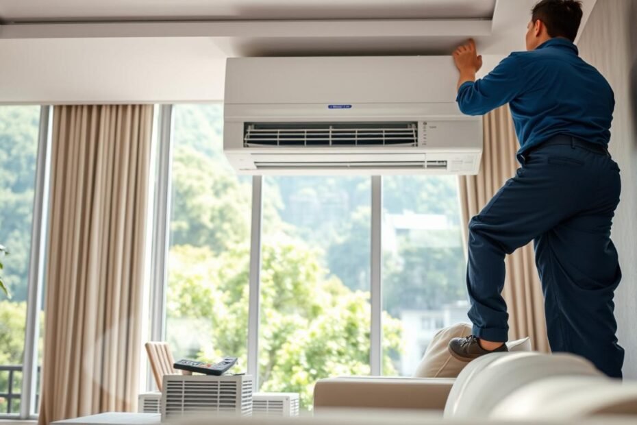 A professional installation scene of a split-type air conditioning unit in a modern Hong Kong home. In the foreground, a technician in a blue uniform is carefully affixing the indoor unit to the wall, showcasing proper installation techniques. The middle ground features the neatly arranged components of the air conditioner, including the remote and filters, emphasizing the importance of cleanliness. The background reveals a bright and airy living room with large windows, showing the lush greenery of the cityscape outside. Soft, natural light streams in, creating a warm and inviting atmosphere. The perspective is slightly elevated, capturing the action of the installation while highlighting the environmental factors relevant to maintaining air quality in the home.