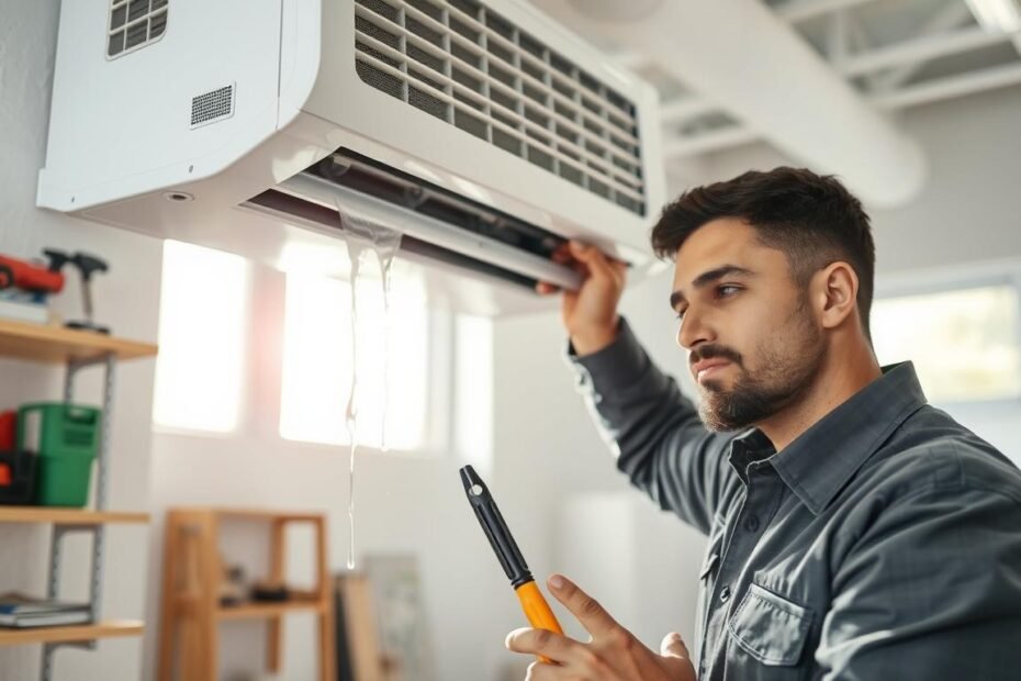 A professional technician in a clean, modern workspace inspects a wall-mounted air conditioning unit that is dripping water. The technician, dressed in a smart uniform with tools in hand, is focusing on the unit's condensation drain line. In the background, there are shelves with air conditioning maintenance tools and equipment, and a bright, well-lit environment giving a sense of cleanliness and order. Soft natural light filters through a nearby window, creating a calm atmosphere. The composition should highlight the technician’s focused expression and the intricate details of the air conditioning unit’s components, showcasing the importance of proper air conditioning maintenance and repair.