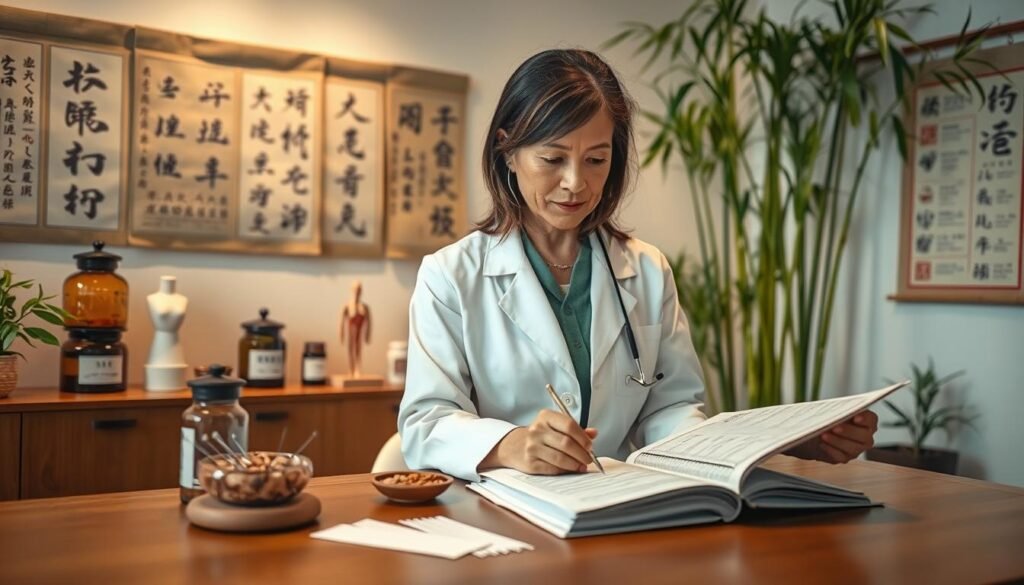 A serene and informative scene depicting Traditional Chinese Medicine (TCM) diagnosis of polycystic ovary syndrome (PCOS). Foreground: a confident, middle-aged female TCM practitioner in a white coat, examining herbal medicine charts and acupuncture needles on a wooden table, portraying focus and professionalism. Middle ground: a calm consultation room with soft, warm lighting, featuring traditional Chinese herbal jars and anatomical models of the female reproductive system. Background: soothing bamboo plants and a wall with scrolls depicting TCM principles. The overall atmosphere is tranquil and educational, emphasizing the art of diagnosis in TCM. The image is shot with a slight depth of field, focusing sharply on the practitioner, with a soft blur on the background to enhance clarity.