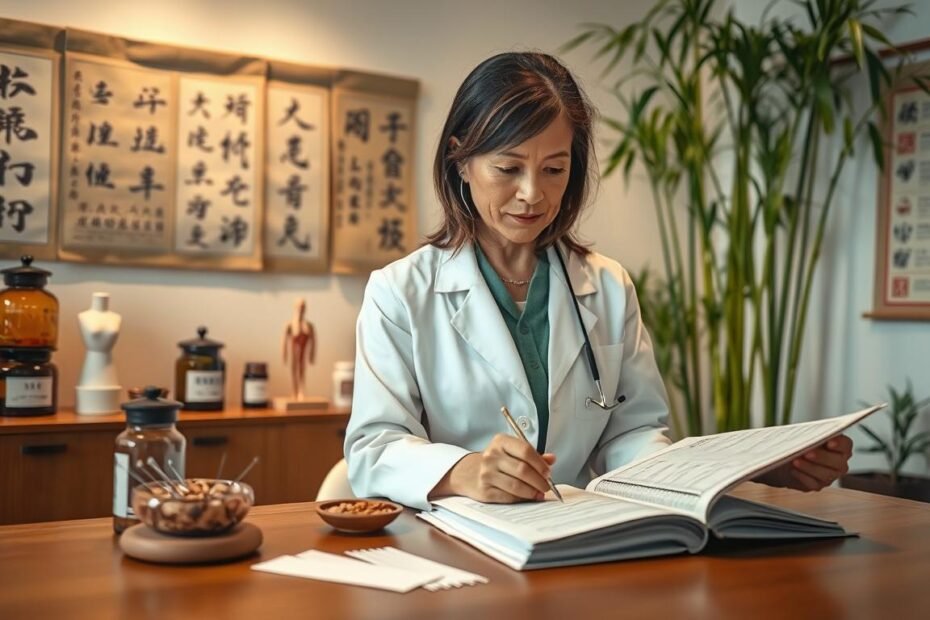 A serene and informative scene depicting Traditional Chinese Medicine (TCM) diagnosis of polycystic ovary syndrome (PCOS). Foreground: a confident, middle-aged female TCM practitioner in a white coat, examining herbal medicine charts and acupuncture needles on a wooden table, portraying focus and professionalism. Middle ground: a calm consultation room with soft, warm lighting, featuring traditional Chinese herbal jars and anatomical models of the female reproductive system. Background: soothing bamboo plants and a wall with scrolls depicting TCM principles. The overall atmosphere is tranquil and educational, emphasizing the art of diagnosis in TCM. The image is shot with a slight depth of field, focusing sharply on the practitioner, with a soft blur on the background to enhance clarity.