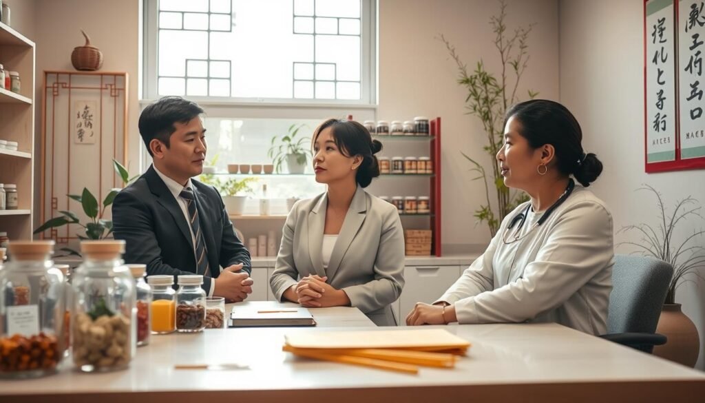 A tranquil and welcoming Chinese medicine clinic interior, focusing on acne treatment. In the foreground, a well-organized consultation desk with herbal remedies and acupuncture needles prominently displayed. A practitioner, dressed in professional attire, attentively discusses treatment methods with a calm patient, who appears relaxed and engaged. The middle ground features shelves filled with traditional Chinese herbal medicines, while an open window offers warm, natural light that illuminates the space. The background shows elegant, traditional Chinese decor, including bamboo plants and calligraphy hanging on the walls. The overall mood is serene, conveying comfort and trust in holistic healing practices for acne concerns. The image should evoke a sense of professionalism and care, emphasizing the unique aspects of Chinese medicine in acne treatment.