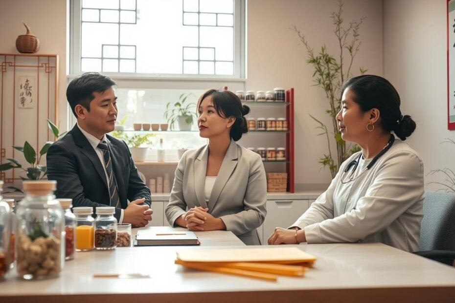 A tranquil and welcoming Chinese medicine clinic interior, focusing on acne treatment. In the foreground, a well-organized consultation desk with herbal remedies and acupuncture needles prominently displayed. A practitioner, dressed in professional attire, attentively discusses treatment methods with a calm patient, who appears relaxed and engaged. The middle ground features shelves filled with traditional Chinese herbal medicines, while an open window offers warm, natural light that illuminates the space. The background shows elegant, traditional Chinese decor, including bamboo plants and calligraphy hanging on the walls. The overall mood is serene, conveying comfort and trust in holistic healing practices for acne concerns. The image should evoke a sense of professionalism and care, emphasizing the unique aspects of Chinese medicine in acne treatment.